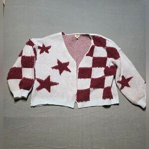 POL EUC Burgundy and Grayish Blue Star Checkered Cardigan PTP 22 Length 22